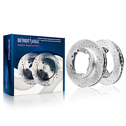Image of Detroit Axle - Front Brake Kit for 1994-1999 Dodge Ram 2500 3500 | 1990-2000 Chevrolet GMC K3500 Drilled & Slotted Disc Brake Rotors Ceramic Brake Pads 1995 1996 1997 1998 1999 Replacement