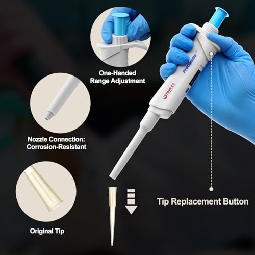 Image of 4E's USA Lab 20-200μL Pipette: Single-Channel Adjustable Micropipette with Color-Coded Top (Blue), 4 Digit Display, Universal Tip Cone, High Accuracy, ISO 8655 Calibrated & Lower Portion Autoclavable