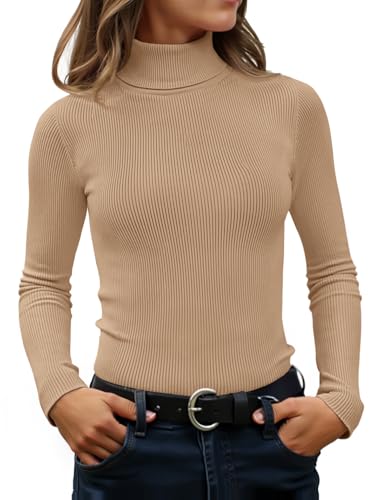 ZESICA Women's Turtleneck Long Sleeve Shirts 2025 Fall Trendy Tops Slim Fitted Ribbed Knit Basic Casual Sweater Toffee X-Large