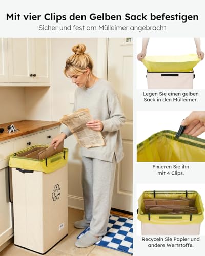 SOELDI 100L Gelber Sack Ständer mit Deckel, Gelber Sack Behälter mit 2 Abnehmbaren Tragetasche, Große Einwurföffnung für Einfaches Einwerfen, Gelber Sack Mülleimer für Küche & Haushal