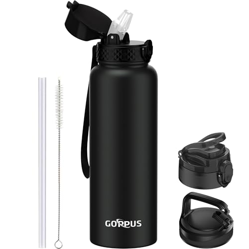 GOPPUS 1.2L/40oz Edelstahl Wasserflasche mit Strohhalm 1.2 Liter Heiße Thermosflasche Doppelwandige Stahl Wasserflaschen Isolierte Wasserflaschen Auslaufsichere Kalte Wasserflasche Erwachsene Flip Top