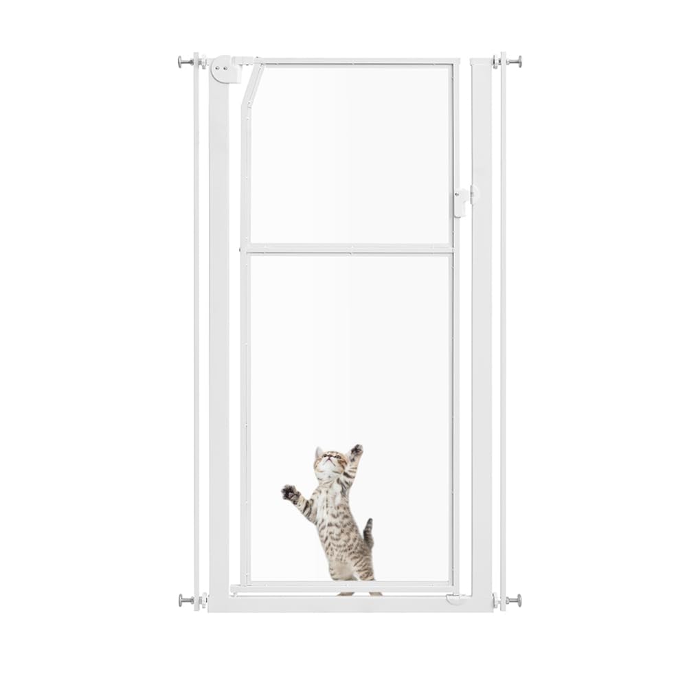 unipaws Puerta para mascotas extra alta de 142 cm, puerta alta transparente para gatos, 75-85 cm de ancho, sin taladrar, para puerta, pasillo, escaleras, color blanco