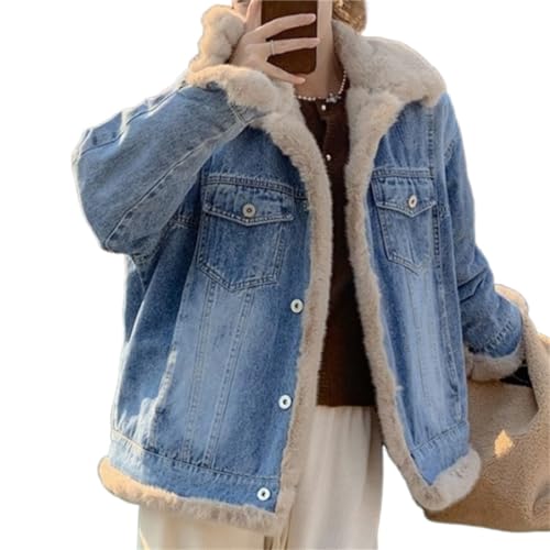 Onsoyours Veste en Jean Hiver Femme Revers Manches Longues Peluche Doublée Veste en Denim avec Fourrure Parka d'hiver Chaude Softshell Veste Blousons Polaire Manteau A Bleu L