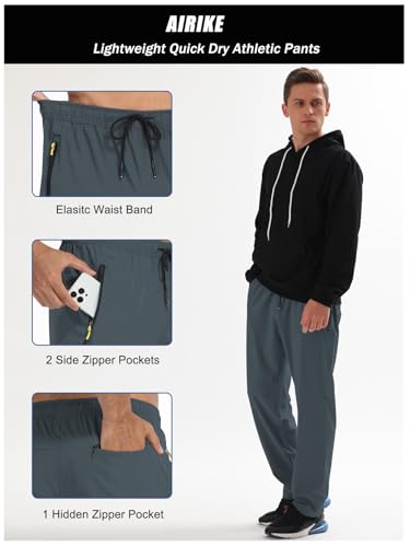 Image of Men's Elastic Waist Hiking Pants Water Resistant Quick-Dry Lightweight Outdoor Sweatpants with Zipper Pockets