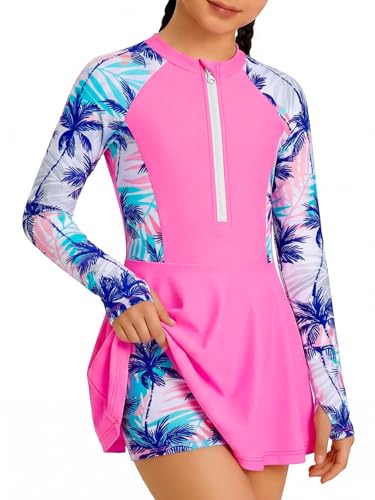 Image of HOZIY Girls Long Sleeve Swimsuit Two Piece Rash Guard Dress with Swim Shorts Front Zip for Kids Tween Teens UPF 50+