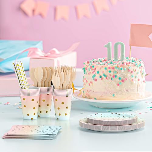 Dn Dennov 168PCS Pink and Gold-Pastel Supplies, Serves 24 Disposable Dinnerware Set with Paper Plates, Cups, Napkins, Straws, Wooden Forks & Spoons for Wedding, Christmas (Trompe L'Oeil Gold) - Image 5