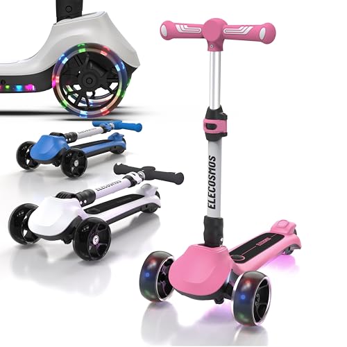 ELECOSMOS KS20 Mini Electric Scooter for Kids Ages 5-8 | Light-Up Wheels & LED Deck | 3-Level Adjustable Handlebar | 5MPH Speed | Lightweight Foldable Design (Light Pink)