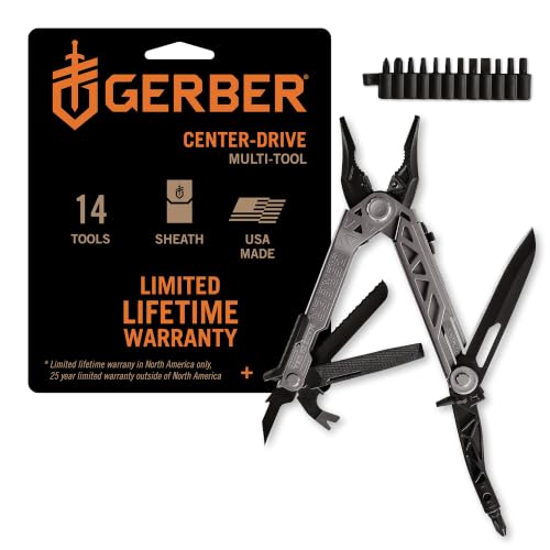 Gerber Gear Center-Drive Multitool - Includes 3.25 Outboard Knife Pliers Pry Bar Bottle Opener & Awl - Comes with Bit Set & Sheath - Silver & Black