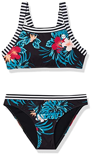 Roxy Girls' Island Trip Crop TOP Swimsuit Set, Anthracite BADAMI, 7