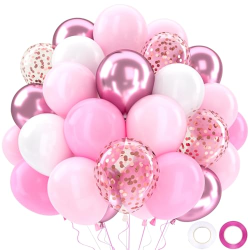 Ballons Anniversaire Rose Blancs, 52 Pièces Hélium Ballons Roses Blancs Avec Rubans, Ballon Rose Pour Mariage, Décoration Anniversaire Fête Prénatale,...