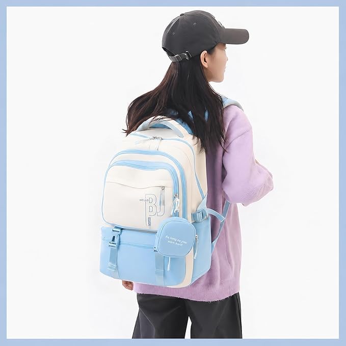 Image of Girls School Backpack with Small Zipper Pouch Fashion Nylon Backpack Multi Compartment Large Capacity Bag with Padded Shoulder Straps & Handle for School Travel Camping College