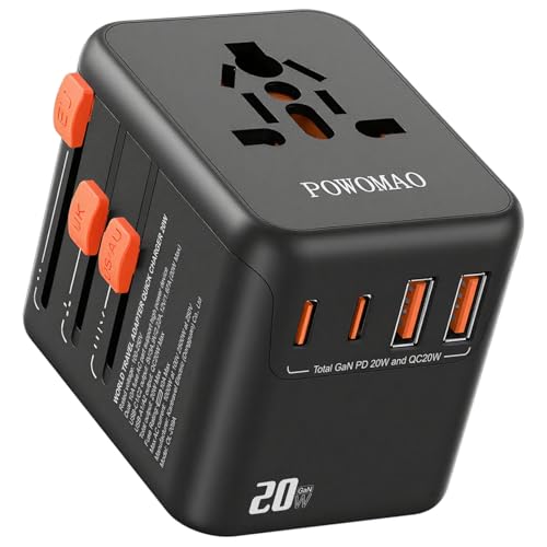 Universal Travel Adapter Worldwide with 2 USB C and 2 USB A Ports,Travel Plug UK to World with Dual 10A Fuses,20W All In One International Travel Adapter for EU USA UK AU Thailand,Japan,Asia