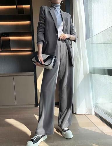 Women's Two Pieces Outfits Business Casual One Button Jacket and Wide Leg Pants Suit Sets Work Clothes4