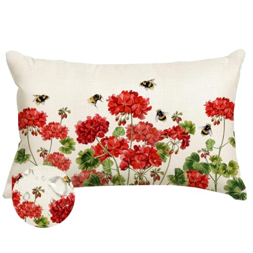 RABUSOFA Spring Summer Outdoor Geranium Pillow Cover Waterproof 12x20,Red Floral Bee Holiday Lumbar Cushion Case Farmhouse Decoration for Patio Furniture Garden Indoor