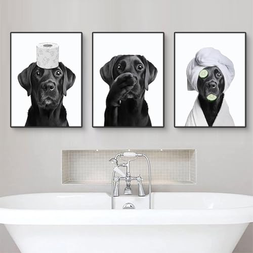 Uixxducc 3 Stück Poster Badezimmer Bilder Badezimmer Deko Bilder ohne Rahmen lustige Hund Wanddeko Bild WC Toilette Deko Schwarz Weiß Wandbilder (21×30 cm)