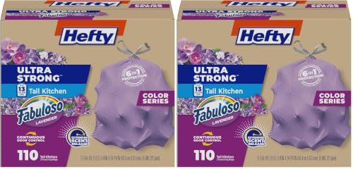 Image of Hefty Ultra Strong 13 Gallon Trash Bags, Tall Kitchen Trash Bags 13 Gallon Size, Resist Leaks, Punctures, and Rips, Continuous Odor Control, Purple, Fabuloso Scent,(Pack of 220)