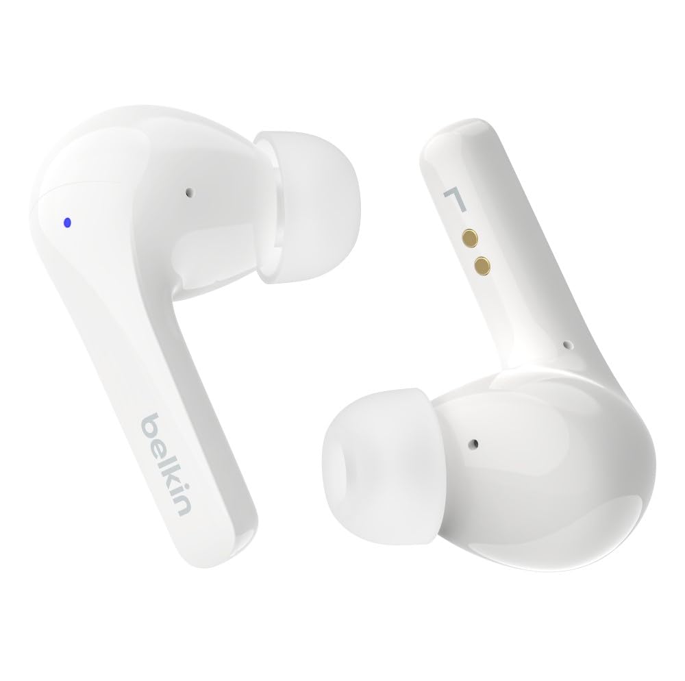 Belkin SoundForm Motion True Wireless Earbuds with Wireless Charging Case & Dual Microphone - IPX5 Water Resistant, Bluetooth Headphones for iPhone 16 & Galaxy 25 - White