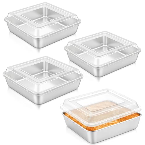 Leonyo Non-Toxic 8x8 Stainless Steel Square Cake Baking Pan With Lid,4 Pack