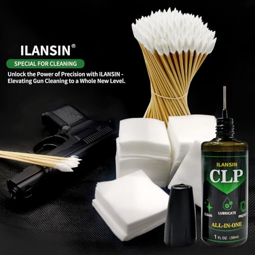 ILANSIN Gun Cleaning Patches+ Gun Cleaning Swabs+ CLP Oil, All in One Gun Lubrication,6\" Long Cotton Swab,Lint Free Gun Cleaning Cloth, Fit All Caliber Firearms,Gun Cleaning Supplies Storage in Box