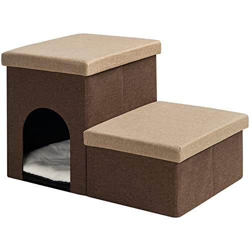 Hoobro Dog Stairs For High Beds, Pet Stairs For Small Dogs, 2-Tier Foldable Dog Steps With Storage And Plush Mat, With Small Pet House, For Couch, Window, Bedside, Brown And Wheat Ce02Pt03 #TOP19