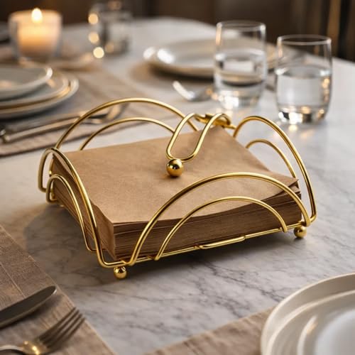 Image of CentraLit Napkin Holder for Dining Table | Modern Metal Tissue Holder with Weighted Arm for Kitchen, Tabletop & Parties | Premium Decorative Paper Napkin Stand (Gold)