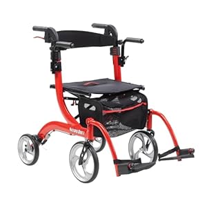 Drive Medical Nitro Dual Function Transport Wheelchair and Rollator Rolling Walker Combo with Hand Activated Brakes and Back Support, Red
