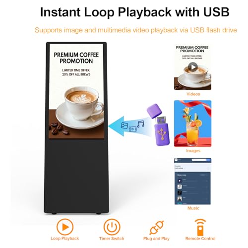 Image of 32 Inch 2K Inch Floor Standing Digital Signage, 350nits High Brightness Advertising Display, Digital Signage with CMS /U-Disk Plug&Play, Split Screen, 7 /24 Timer Switch,HDMI /USB /WiFi /Android OS
