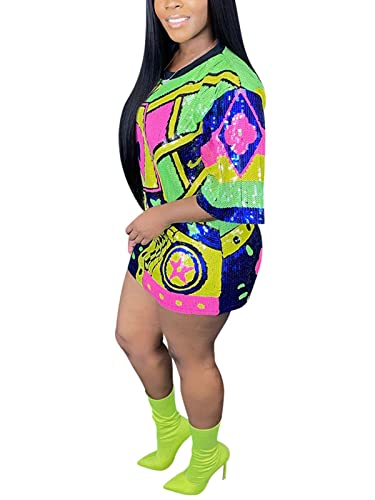 Fawjsais Women's Half Sleeve Dress O Neck Printed Sequins Mini Dress Loose Casual Sexy Nightclub Party T-Shirts Tops Dress2