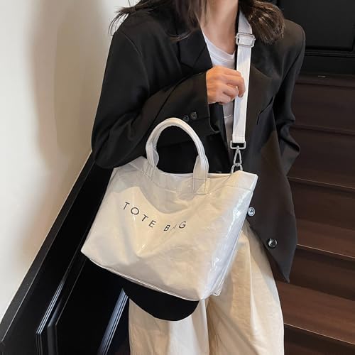 Image of PVC Tote Bag for Women Solid Color Large Letter Print Tote Bag Kraft Paper Clear Plastic Handbag Top Handle Bag