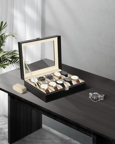 Image of Uten Watch Box, 10 Slots Watch Case, Watch Box Organizer Jewelry Storage with Large Glass Lid, Watch Display Case, Watch Box for Men & Women | Black Watch Cases for Men and Women, removable Pillow, Velvety Inner Lining, Gifs for Graduation, Thanksgiving, Birthday