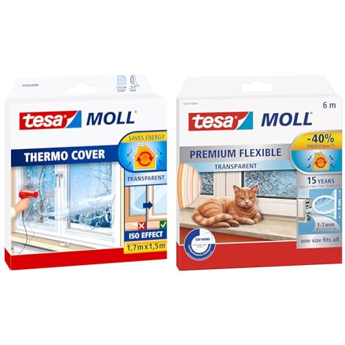 Film isolant pour fenêtres tesa tesamoll Thermo Cover & tesamoll Premium Flexible - Joint en silicone autocollant pour isoler les interstices des fenêtres et des portes - Transparent