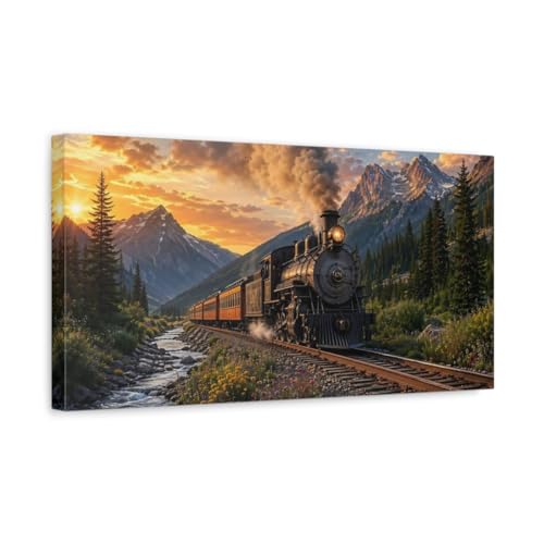 Toile train à vapeur et coucher de soleil pour déco au-dessus de cheminée