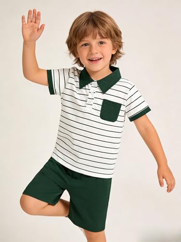 Image of Toddler Kid Boy Clothes Textured Striped Polo Collar Top Summer Shorts 2PC Summer Outfit Set