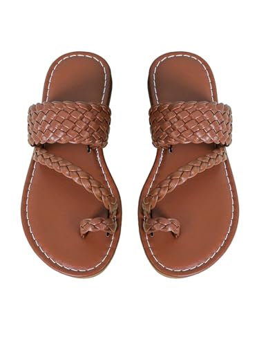 GORGLITTER Girl's Strappy Leather Flats Sandal Cute Braided Dressy Toe Ring Slip on Slide Sandals Brown 82