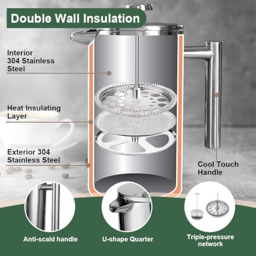 Image of 600 ML French Press Coffee Maker Double Insulated 304 Stainless Steel Coffee Maker with 4 Level Premium Filtration System Rust-Free Dishwasher Safe