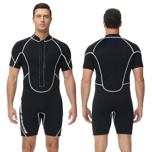 Owntop 3/2mm Shorty Neoprenanzug Herren - Frontreißverschluss Wetsuit zum Tauchen Surfen, Kurzarm Tauchanzüge Stretch Neopren für Wassersport, Herren Schwarz XXL