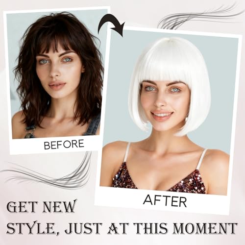 Image of PLULON White Short Bob Wig with Bangs for Women, Colorful Neon Short Bob Synthetic Hair Wigs with Hair Cap Heart Sunglasses for Adults Men Daily Bachelorette Halloween Costume Party Supplies