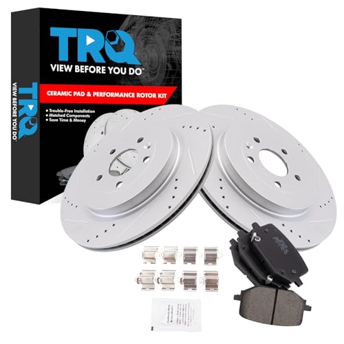 Image of TRQ Performance Rear Brake Pad and Rotor Set Ceramic Drilled Slotted G Coated Rotors Compatible with 2013-2019 Ford Police Interceptor Utility