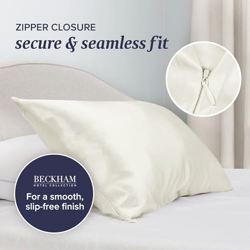 Image of Beckham Hotel Collection Silk Pillow Case with Zipper, 100% Mulberry Silk Pillowcase for Hair & Skin, 22 Momme 6A Grade, Oeko-TEX Certified, 1PC, King, Ivory