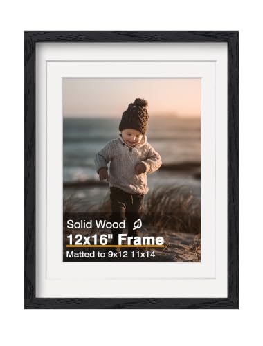 KINLINK 12x16 Picture Frame Black Wood, Solid Wood Frames with Acrylic Plexiglass for Pictures 9x12/11x14 with Mat or 12x16 without Mat, Tabletop and Wall Display, Set of 1