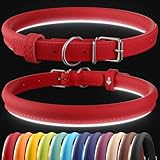 CollarDirect Reflective Rolled Leather Dog Collar, Soft Padded Round Puppy Collar, Handmade Genuine Leather Collar Dog Small Large Cat Collars 13 Colors (8-11 Inch, Red Smooth)