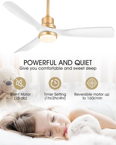 Image of White and Gold Ceiling Fans with Lights and Remote, 52inch Modern Gold Ceiling Fan ETL Listed, 3 Downrods, 3 blade Gold Fan Reversible Quiet DC Motor, Timer,6 Speed for Outdoor Indoor,52in,White Gold