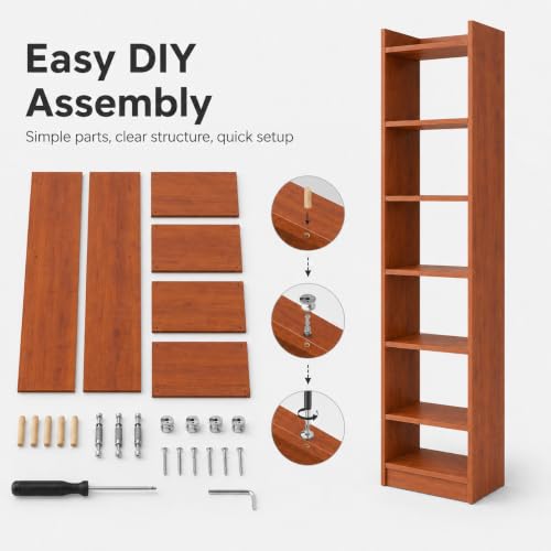 Image of FURLAY SlimTower 180 cm Tall Bookshelf, White 6-Tier Slim Open Shelf Organizer, Space Saving Book Rack for Bedroom, Study Room, Living Room, Office, Kids Room & Decor Storage (FWBS7L-Woodland)