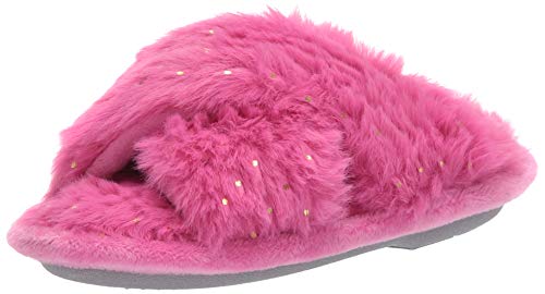 Dearfoams Unisex-Child Ava Kids Printed Detail faux faux fur Cross Band Slide Slipper