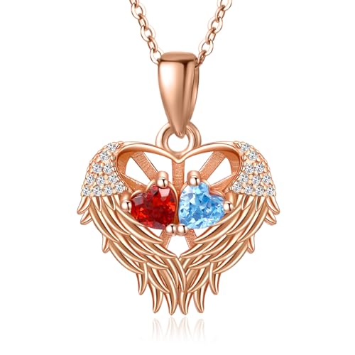 Angel Wings Heart Necklace Gifts for Mother Mom, 925 Sterling Silver Angel Wing Jewelry, Women Pendant Jewel with 2 Birthstones