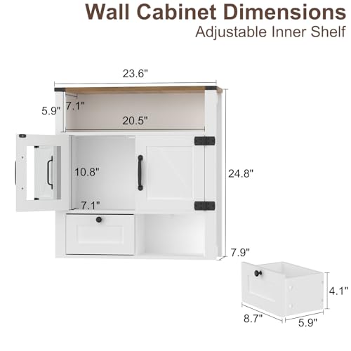 Image of M METERXITY 23.6 inch W Farmhouse Bathroom Wall Cabinet with Mirror, Wall Mount | Over the Toilet Storage, Wooden Medicine Cabinet with Barn Doors, Space Saver, Kitchen, Laundry, Entrance,White Walnut