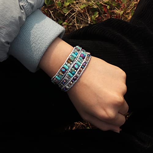 Ygline Handmade Wrap Bracelet Turquoise, Jaspernatural Stones Leather Charm 3 Strands Boho Bracelet #TOP3