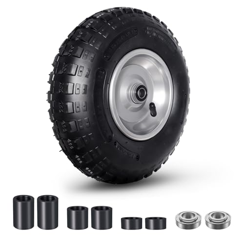 FEILOONG 13 inch Pneumatic Wheelbarrow Tires, 4.00-6 Pneumatic Tire and Wheel 5/8" Bearings or 3/4" Bearings Replacement Inflatable for Wheel Barrow, Hand Truck, Garden Carts, Includes Adapter Kit