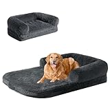 EHEYCIGA Foldable XXL Dog Bed for Large Sized Dog, 54"x38"x7.5" Faux Fur Fluffy Pet Couch Bed, Orthopedic Calming Memory Foam Big Pet Bed, Washable Pet Sofa Bed with Non-Slip Bottom, Dark Grey