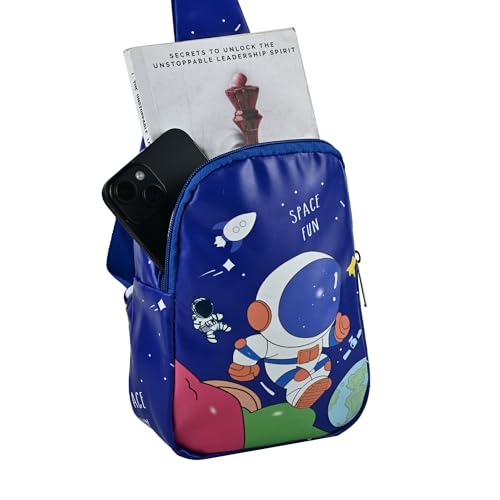 Image of Kids Space Theme Crossbody Chest Sling Bag, Navy Blue with Astronaut Print, Adjustable Strap, 17x13x6.5 cm, Perfect for School and Picnics